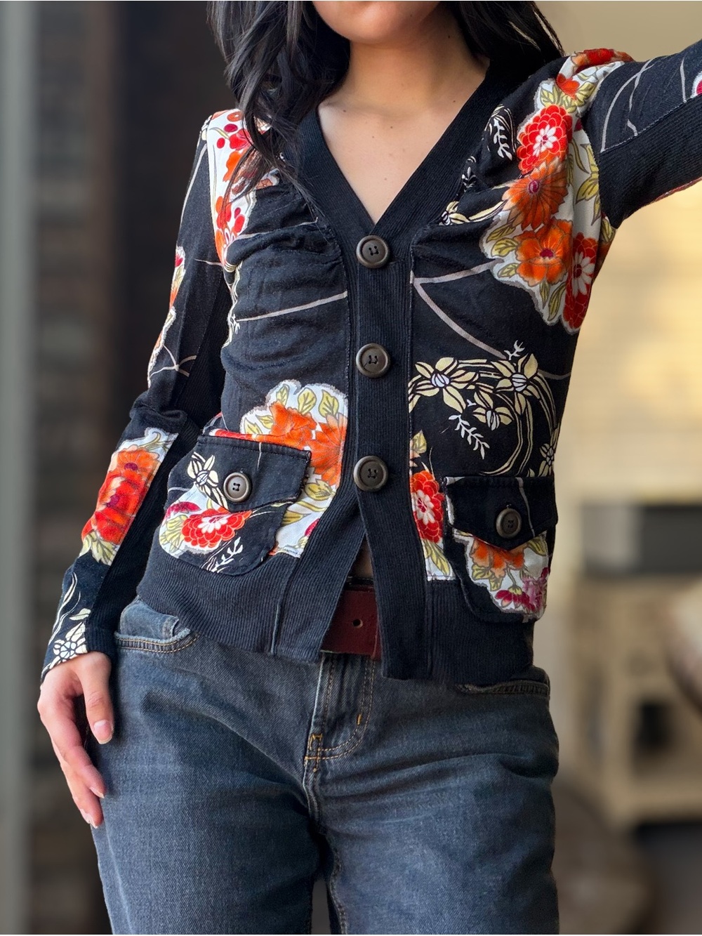 Diesel Vintage Y2K Black Cardigan with Orange & Red Paisley Floral Print